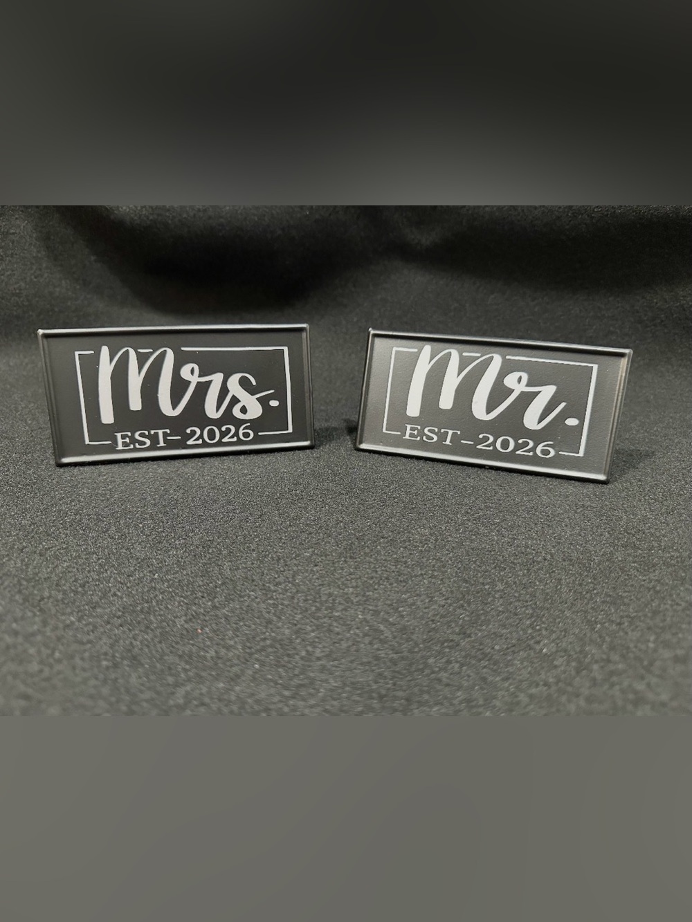 Mr. and Mrs. EST-2026 Black Enamel Pins